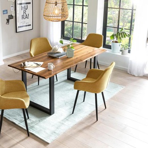 Essgruppe SALESFEVER Sitzmöbel-Sets Gr. Strukturstoff, 160-85, cognac, gelb, schwarz, schwarz Essgruppen Tischplatte mit echter Baumkante