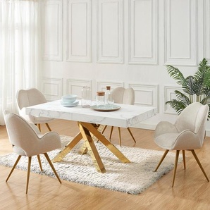 Esstisch ausziehbar - 6 bis 10 Personen - MDF & Metall - Marmor-Optik Weiß & Goldfarben - CATONAV