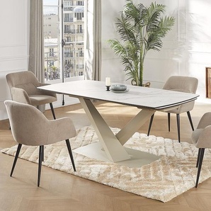 Esstisch ausziehbar - 6 bis 10 Personen - Sicherheitsglas, Keramik & Metall - Marmor-Optik Weiß & Beige - MALATA von Maison Céphy