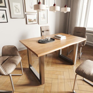 Esstisch Edge 140x90 Akazie Natur Edelstahl Breit Live-Edge, Esstische, Baumkantenmöbel, Massivholzmöbel, Massivholz