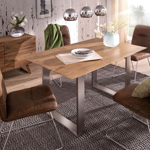 Esstisch Edge 140x90 Akazie Natur Edelstahl Schmal Schweizer Kante, Esstische