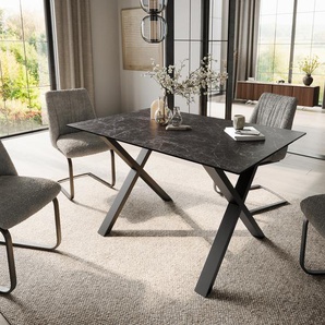 Esstisch Edge 140x90 Keramik Laminam®Nero Greco Anthrazit X-Gestell Metall Schwarz, Esstische