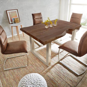 Esstisch Edge 140x90 XL Akazie Braun Edelstahl Breit Live-Edge, Esstische, Baumkantenmöbel, Massivholzmöbel, Massivholz