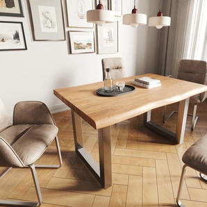 Esstisch Edge 140x90 XL Akazie Natur Edelstahl Breit Live-Edge, Esstische, Baumkantenmöbel, Massivholzmöbel, Massivholz