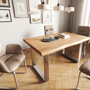 Esstisch Edge 140x90 XL Akazie Natur Edelstahl Schmal Live-Edge, Esstische, Baumkantenmöbel, Massivholzmöbel, Massivholz