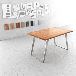 Esstisch Edge 140x90cm Akazie Natur Edelstahl Silber schräg Live-Edge, Esstische, Baumkantenmöbel, Massivholzmöbel, Massivholz