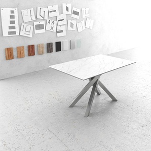Esstisch Edge 140x90cm Laminam® Keramik Weiß Mittelfuß Kreuz Silber, Esstische