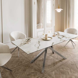 Esstisch Edge 180-220x100 Keramik Calacatta Luxe Weiß-Gold-Grau Kreuzgestell Rechteck Edelstahl ausziehbar, Esstische