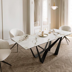 Esstisch Edge 180-220x100 Keramik Calacatta Luxe Weiß-Gold-Grau Spider Flachstahl Schwarz ausziehbar, Esstische