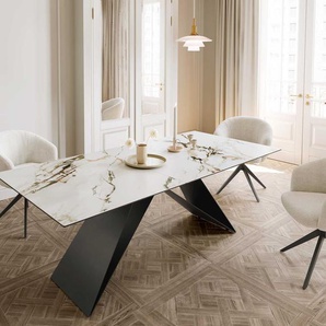 Esstisch Edge 180-220x100 Keramik Calacatta Luxe Weiß-Gold-Grau V-Gestell Flachstahl Schwarz ausziehbar, Esstische