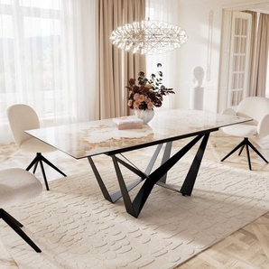 Esstisch Edge 180-220x100 Keramik Minas Melange Weiß-Beige Spider Flachstahl Schwarz ausziehbar, Esstische