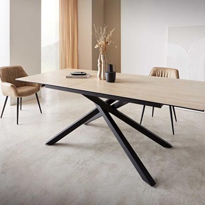 Esstisch Edge 180-220x100 Keramik Travertin Natur Kreuzgestell Rechteck Schwarz ausziehbar, Esstische
