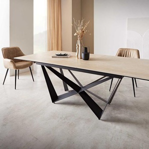 Esstisch Edge 180-220x100 Keramik Travertin Natur Spider Flachstahl Schwarz ausziehbar, Esstische