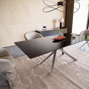 Esstisch Edge 180-220x100 Reliefglas Rauchschwarz 3D-Design Kreuzgestell Rechteck Edelstahl ausziehbar, Esstische