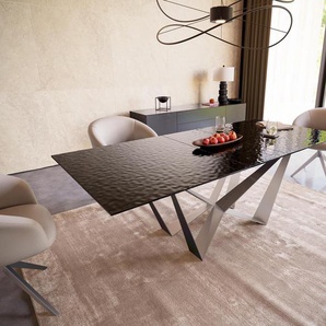Esstisch Edge 180-220x100 Reliefglas Rauchschwarz 3D-Design Spider Flachstahl Edelstahl ausziehbar, Esstische
