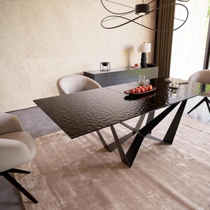 Esstisch Edge 180-220x100 Reliefglas Rauchschwarz 3D-Design Spider Flachstahl Schwarz ausziehbar, Esstische