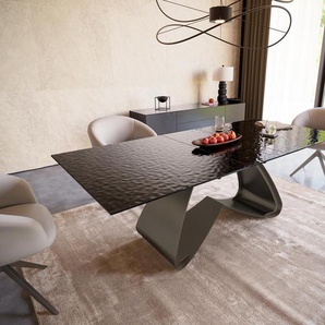 Esstisch Edge 180-220x100 Reliefglas Rauchschwarz 3D-Design W-Gestell Effektfinish Titan ausziehbar, Esstische
