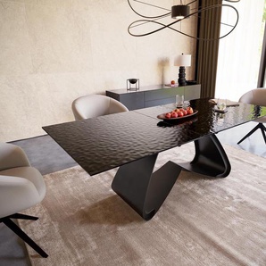 Esstisch Edge 180-220x100 Reliefglas Rauchschwarz 3D-Design W-Gestell Schwarz ausziehbar, Esstische