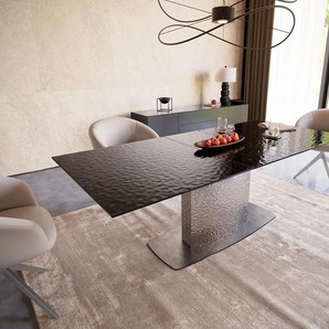 Esstisch Edge 180-220x100 Reliefglas Rauchschwarz 3D-Design Wave Edelstahl ausziehbar, Esstische