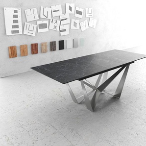 Esstisch Edge 180-220x90cm Laminam® Keramik Grau Mittelfuß Flachstahl Silber Ausziehbar, Esstische