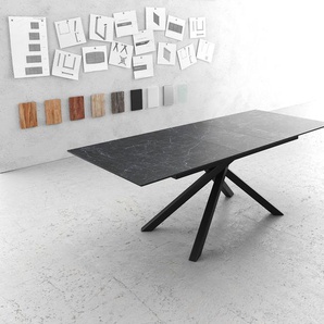 Esstisch Edge 180-220x90cm Laminam® Keramik Grau Mittelfuß Kreuz Schwarz Ausziehbar, Esstische