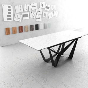 Esstisch Edge 180-220x90cm Laminam® Keramik Weiß Mittelfuß Flachstahl Schwarz Ausziehbar, Esstische