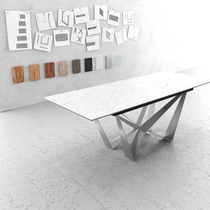 Esstisch Edge 180-220x90cm Laminam® Keramik Weiß Mittelfuß Flachstahl Silber Ausziehbar, Esstische