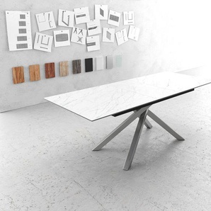 Esstisch Edge 180-220x90cm Laminam® Keramik Weiß Mittelfuß Kreuz Silber Ausziehbar, Esstische