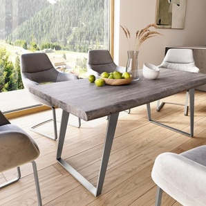 Esstisch Edge 180x90 XL Akazie Platin Edelstahl Schräg Live-Edge, Esstische, Baumkantenmöbel, Massivholzmöbel, Massivholz