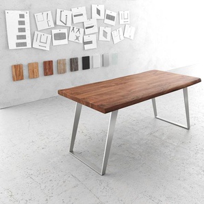 Esstisch Edge 180x90cm XL Akazie Braun Edelstahl schräg Live-Edge, Esstische, Baumkantenmöbel, Massivholzmöbel, Massivholz