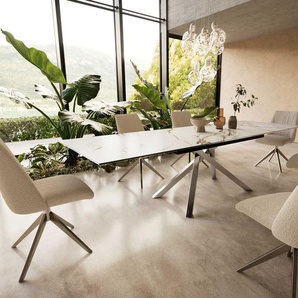Esstisch Edge 200-300x100 Keramik Calacatta Luxe Weiß-Gold-Grau Kreuzgestell Rechteck Edelstahl ausziehbar, Esstische