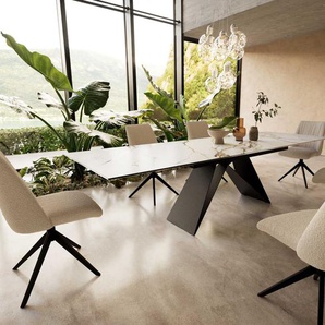 Esstisch Edge 200-300x100 Keramik Calacatta Luxe Weiß-Gold-Grau V-Gestell Flachstahl Schwarz ausziehbar, Esstische