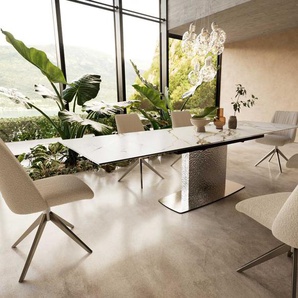 Esstisch Edge 200-300x100 Keramik Calacatta Luxe Weiß-Gold-Grau Wave Edelstahl ausziehbar, Esstische
