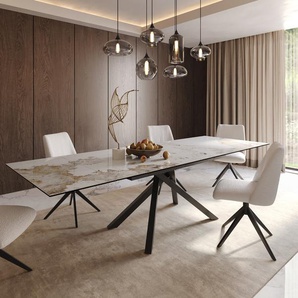 Esstisch Edge 200-300x100 Keramik Minas Melange Weiß-Beige Kreuzgestell Rechteck Schwarz ausziehbar, Esstische