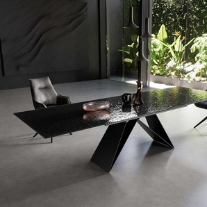 Esstisch Edge 200-300x100 Reliefglas Rauchschwarz 3D-Design V-Gestell Flachstahl Schwarz ausziehbar, Esstische