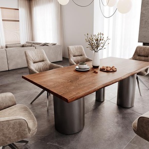 Esstisch Edge 200x100 Akazie Braun Troa Edelstahl Graphit Live-Edge, Esstische, Baumkantenmöbel, Massivholzmöbel, Massivholz