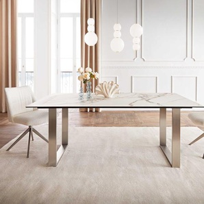 Esstisch Edge 200x100 Keramik Calacatta Luxe Weiß-Gold-Grau Edelstahl Schmal, Esstische