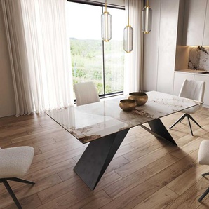 Esstisch Edge 200x100 Keramik Minas Melange Weiß-Beige V-Gestell Flachstahl Schwarz, Esstische