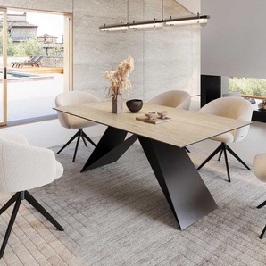 Esstisch Edge 200x100 Keramik Travertin Natur V-Gestell Flachstahl Schwarz, Esstische
