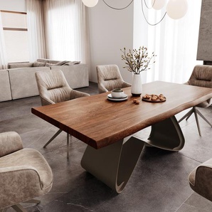 Esstisch Edge 200x100 XL Akazie Braun W-Gestell Metall Effektfinish Titan Live-Edge, Esstische, Baumkantenmöbel, Massivholzmöbel, Massivholz