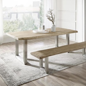 Esstisch Edge 200x100 XL Akazie Champagner Edelstahl Breit Live-Edge, Esstische, Baumkantenmöbel, Massivholzmöbel, Massivholz
