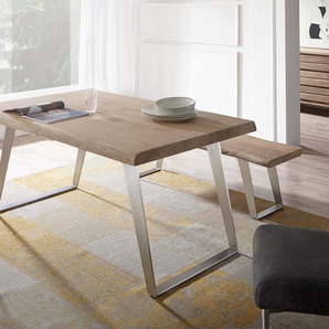 Esstisch Edge 200x100 XL Akazie Champagner Edelstahl Schräg Live-Edge, Esstische, Baumkantenmöbel, Massivholzmöbel, Massivholz