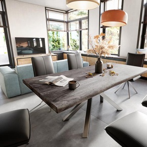 Esstisch Edge 200x100 XL Akazie Platin Kreuzgestell Rechteck Edelstahl Live-Edge, Esstische, Baumkantenmöbel, Massivholzmöbel, Massivholz