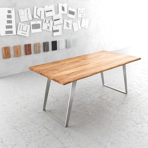 Esstisch Edge 200x100cm Akazie Natur Edelstahl Silber schräg Live-Edge, Esstische, Baumkantenmöbel, Massivholzmöbel, Massivholz