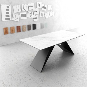 Esstisch Edge 200x100cm Keramik Laminam®Statuarietto Weiß V-Mittelfuß Schwarz, Esstische