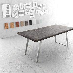 Esstisch Edge 200x100cm XL Akazie Platin Edelstahl Silber schräg Live-Edge, Esstische, Baumkantenmöbel, Massivholzmöbel, Massivholz