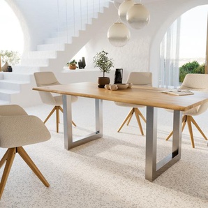 Esstisch Edge 200x100x2,5-3 Eiche Natur Edelstahl breit Live-Edge, Esstische, Baumkantenmöbel, Massivholzmöbel, Massivholz