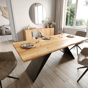 Esstisch Edge 200x100x2,5-3 Eiche Natur V-Gestell Flachstahl Schwarz Live-Edge, Esstische, Baumkantenmöbel, Massivholzmöbel, Massivholz