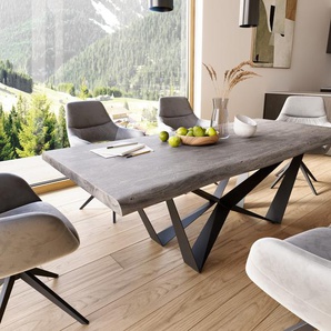 Esstisch Edge 220x100 XL Akazie Platin Spider Flachstahl Schwarz Live-Edge, Esstische, Baumkantenmöbel, Massivholzmöbel, Massivholz