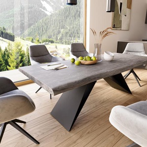 Esstisch Edge 220x100 XL Akazie Platin V-Gestell Flachstahl Schwarz Live-Edge, Esstische, Baumkantenmöbel, Massivholzmöbel, Massivholz